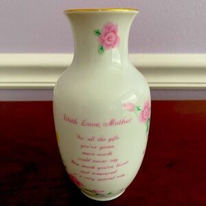 EUC Russ Berrie Fine Porcelain Mother’s Vase – Pink Roses & Gold Trim